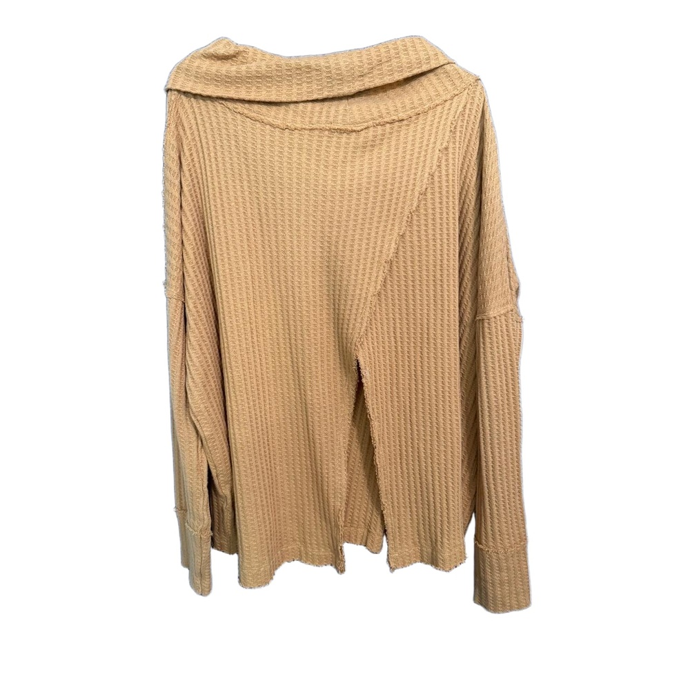 Free People  Top Womens Medium Mustard Yellow Waffle Knit Raw Hem Cowl Neck Cozy